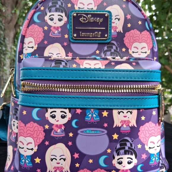 Loungefly Purple & Teal Character Print Backpack with Gold Hardware - Picture 2 of 7